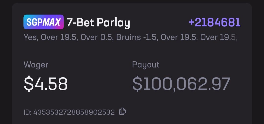 🚨DEGEN PARLAY ALERT🚨
🔒 $5 ➡️ $100,000 🔒

Felt it was time for a lotto lay 🫡 

Let's bankrupt the books tonight 👀

#ParlayoftheDay #NBAParlay #NHLParlay