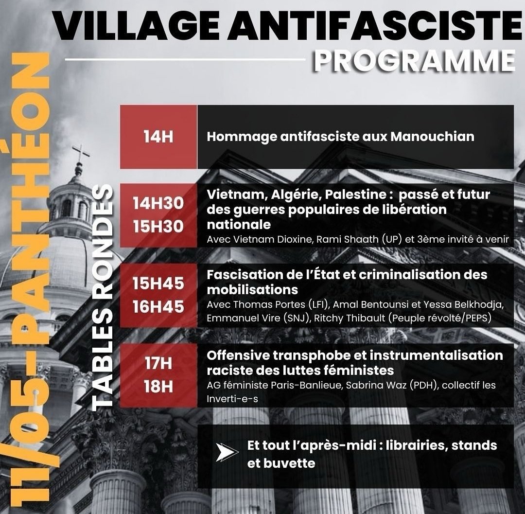 🔴Village Antifasciste ce samedi 11 mai à #Paris de 14h à 19h sur la Place du Panthéon. @ritchy_thibault porte-parole de @PeupleRevolte (et de @PEPS_conf) interviendra de 15h45 à 16h45 lors de la table ronde 'Fascisation de l'État et criminalisation des mobilisations'.