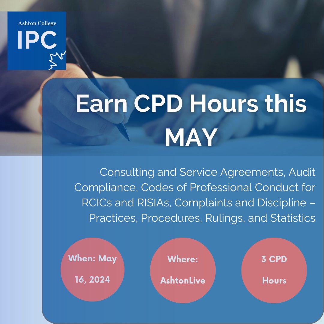 Secure 3 CPD hours at our May 16 CPD event: Consulting and Service Agreements, Audit Compliance, Codes of Professional Conduct for RCICs and RISIAs, Complaints and Discipline – Practices, Procedures, Rulings, and Statistics. Register: hubs.ly/Q02w2N-n0
#virtualevent #RCIC