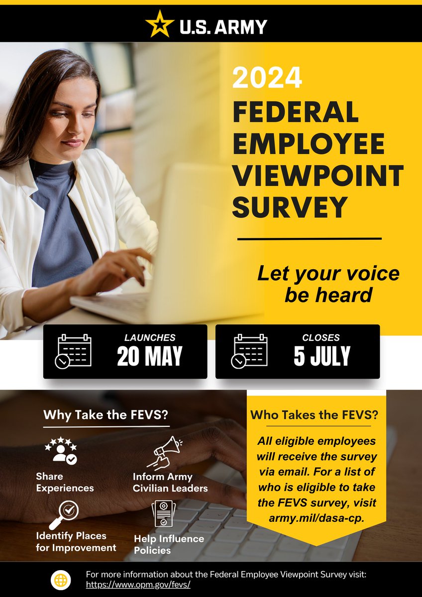 The Federal Employee Viewpoint Survey will be available soon! #FEVS is a tool used by Army Senior Leaders to hear directly from you about your workplace experience. FEVS is sent through your official government email, so be on the lookout! Learn more at opm.gov/fevs
