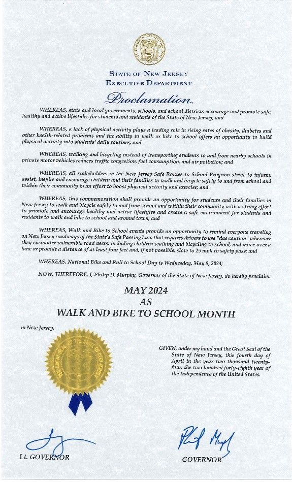 Governor Murphy has declared May 2024 as Walk and Bike to School Month! Celebrate by skipping the traffic- Enjoy quality time with your kids by walking or biking to school. Plus, it's great for the environment! @NewJerseyDOT #saferoutes #BikeRolltoSchool