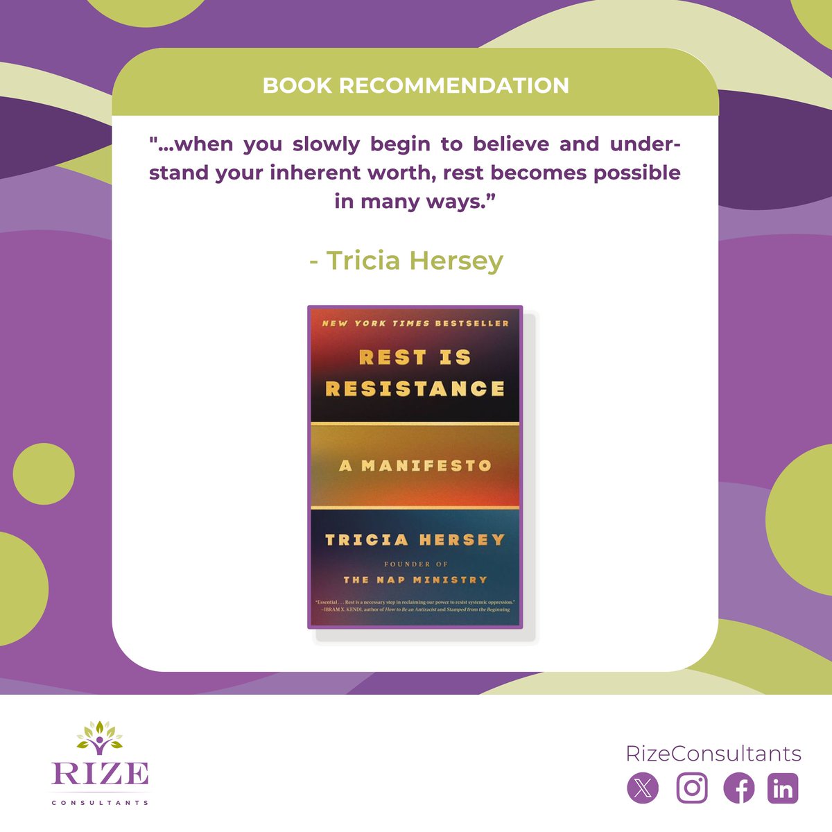 Embrace your worth and the transformative power of rest, as highlighted by Tricia Hersey. Redefine self-care as essential to recognizing your value.

#RizeConsultants #SelfCareJourney #EmbraceYourWorth #MentalHealthAwarene
