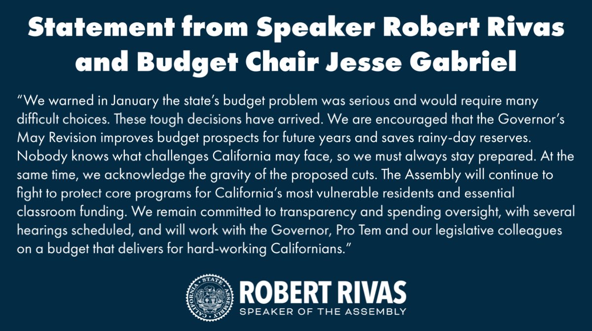 My Assembly colleagues, Budget Chair @AsmJesseGabriel and I will continue to fight to protect core programs for California’s most vulnerable residents and essential classroom funding. Here is our joint statement in response to the Governor’s “May Revision” budget proposal: