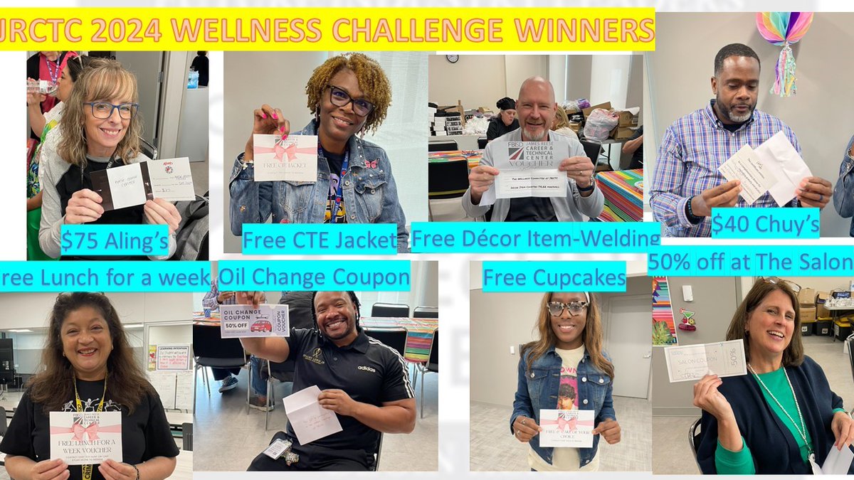 Check out the 2024 Wellness Challenge Winners! 🎉 Thank you to all #FBISD faculty that participated in the Wellness Challenge at JRCTC Apr 15-30. All participants and winners received a prize.