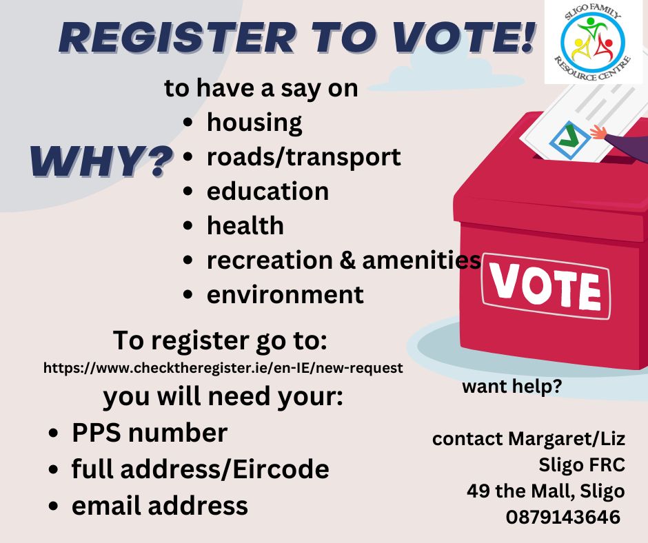 We are running a campaign to encourage all to vote in the Local & European Elections 2024 Register online at checktheregister.ie/en-IE/ by 20th May or 11th May for a postal vote. @frcnf #Register2Vote