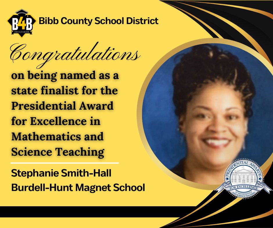 Congratulations, Stephanie Smith-Hall, on being named a State Finalist for the PAEMST Award. This is a well-deserved recognition of your commitment to excellence in education. Your dedication and passion for teaching is truly commendable. @BibbSchools @BurdellHunt @KWMiller21873
