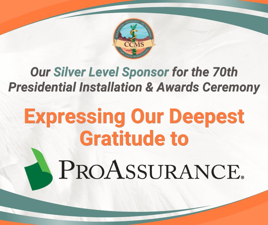 🌟🏆 A heartfelt thank you to ProAssurance for your unwavering support of the Clark County Medical Society’s 70th Presidential Installation! Your commitment helps us lead the way in healthcare excellence. 🎉 #CCMS70 #ProAssurance #HealthcareHeroes #SilverSponsor #CommunityHealth