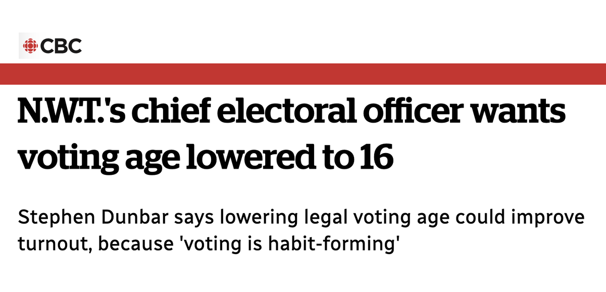 NEW from the CBC: "NWT's chief electoral officer wants voting age lowered to 16" 

The #Vote16 Wave continues to grow! 🎉 

cbc.ca/news/canada/no…