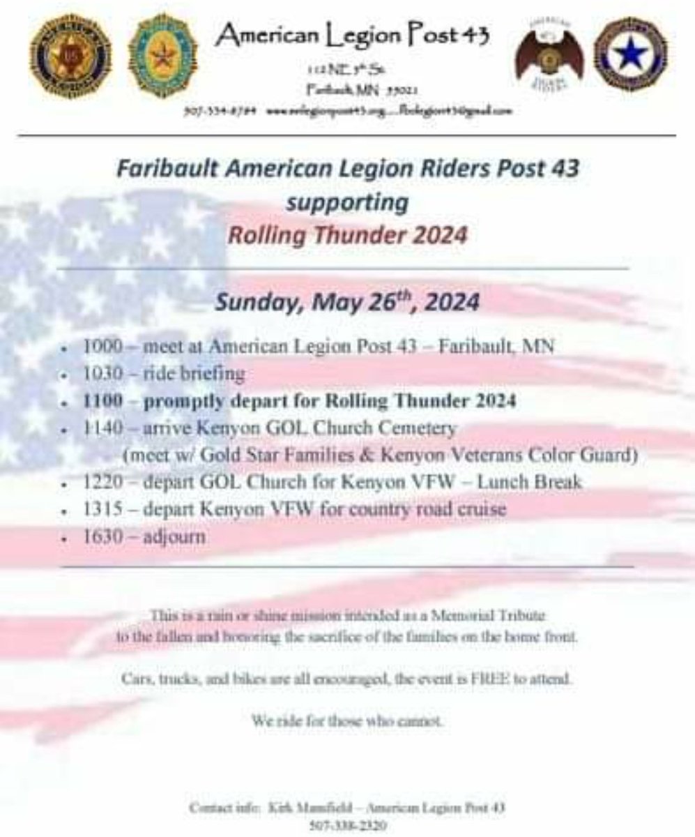 Faribault American Legion Riders supporting Rolling Thunder May 26 starting at Faribault American Legion in Faribault, MN
#biker #motorcycle #motorcyclist #rollingthunder #americanlegion #motorcycleride #harleydavidson #indianmotorcycle #veterans #memorialdayweekend #minnesota