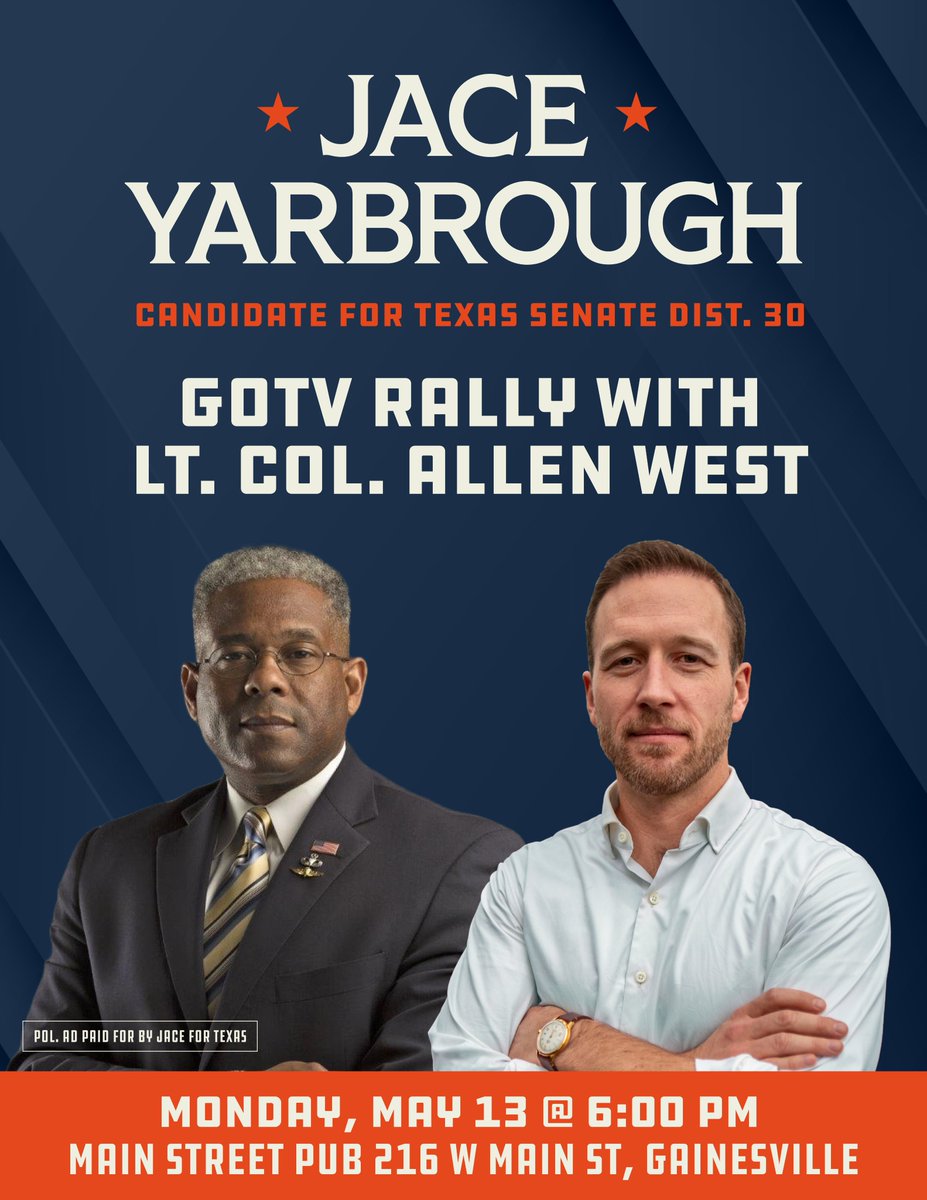 Join me and @AllenWest on Monday as we rally to energize voters and fight for the soul of #SD30. Let's send a resounding message that the people—not the Austin elites—hold the power.

Date: Monday, May 13th
Time: 6:00 pm
Location: Main Street Pub, 216 W Main St, Gainesville