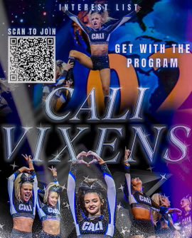 Interested in CALI VIXENS, your 2024 Worlds Silver Medalists?  Come join this CALI Sisterhood!  Scan the QR code and fill out the form!  We can’t wait to meet YOU! #Cali #FaithOverFear #VS4L