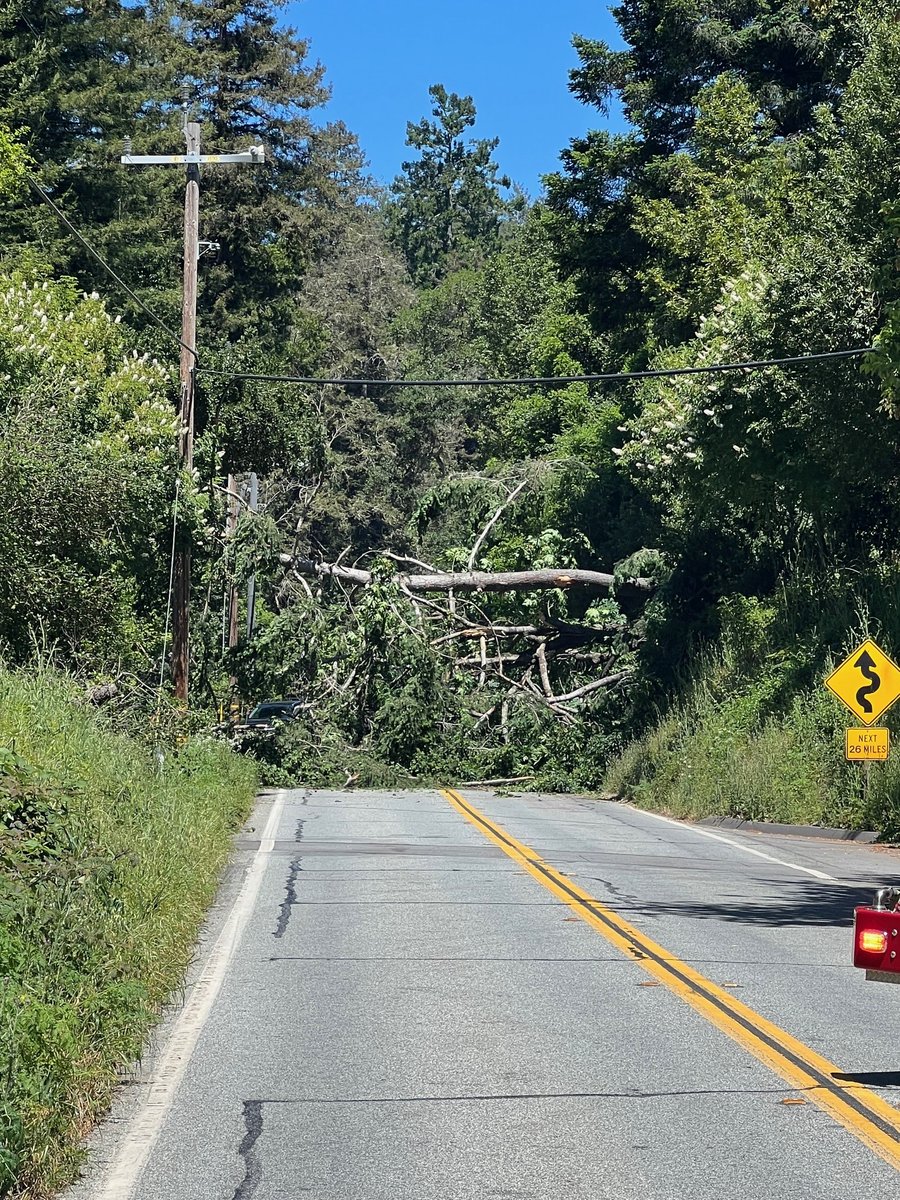 Full closure of #Hwy9 in #SantaCruz County, at 1.25 miles north of #Hwy9 junction with #Hwy1 and just south of Paradise Park due to downed trees and wires. Utility crews en route to deenergize wires. No estimated time for reopening.