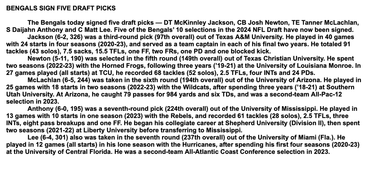 Bengals sign half of their 10 draft picks, including third-round DT McKinnley Jackson out of Texas A&M.