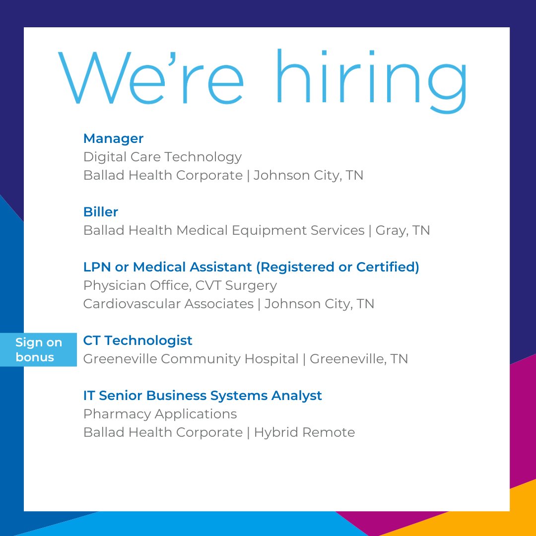 ⭐ Check out the top jobs we're hiring for this week! ⭐

Manager, Digital Care Technology, Johnson City, TN: ow.ly/rlUM50RAFe9

Biller, Mediserve, Gray, TN: ow.ly/EXJX50RAFe5

#balladhealth #careers #healthcarecareers #nowhiring