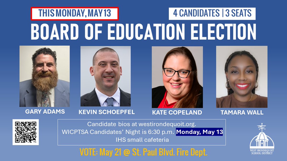 This Monday, 5/13 is @wicptsa Candidates' Night at 6:30 PM in the IHS small cafeteria. We hope you can attend! Read candidate bios: bit.ly/BOE_Elect2024 Learn more about our 2024-25 Budget Proposal and Proposition #1 here: bit.ly/2024_WICSD_Vote