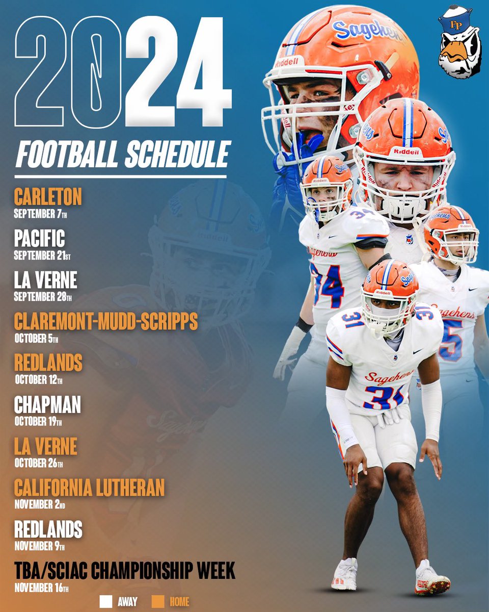 HensFootball's tweet photo. Mark your calendars, the 2024 Pomona-Pitzer Football schedule is here! The Sagehens will open up at home against Carleton College on September 7th!

#gosagehens #SagehenFB https://t.co/Zn6RdOda1h