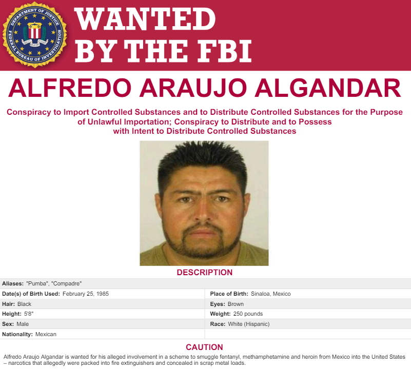 Alfredo Algandar is #wanted for his alleged role in a drug conspiracy to smuggle fentanyl, methamphetamine and heroin from Mexico into the United States. Contact #FBILA at 3104776565 with info or submit tips to tips.fbi.gov. #FugitiveFriday fbi.gov/wanted/cei/alf…
