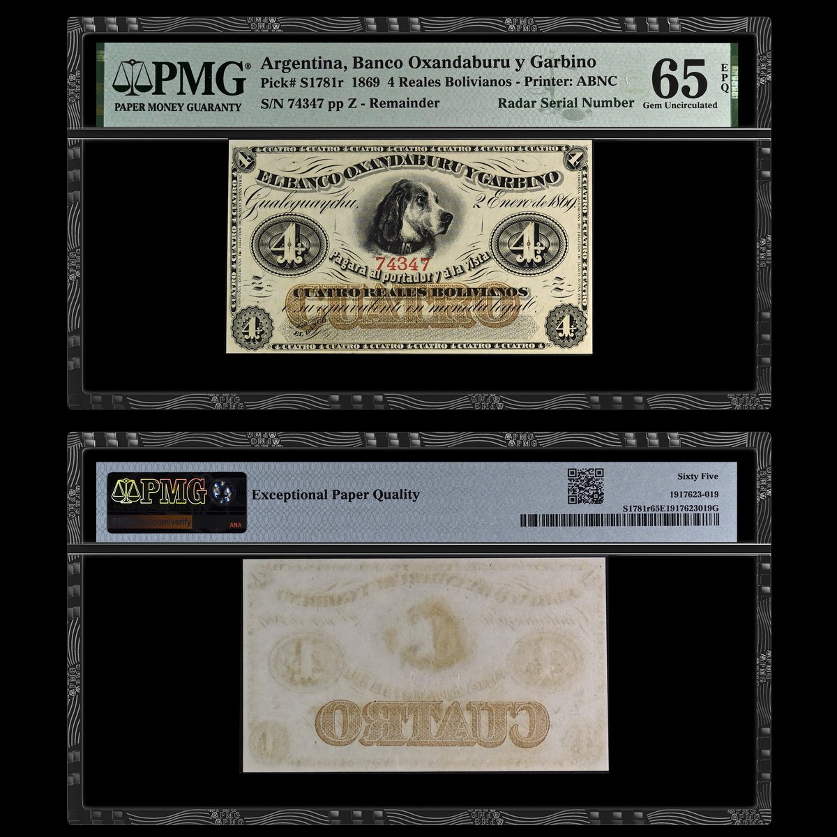 Note of the Day: Check out the Radar Serial Number beneath man’s best friend on this Argentina, Banco Oxandaburu y Garbino 1869 4 Reales Bolivianos Remainder graded PMG 65 Gem Uncirculated EPQ. Learn more about Fancy Serial Numbers on banknotes by reading PMGnotes.com/news/article/5…