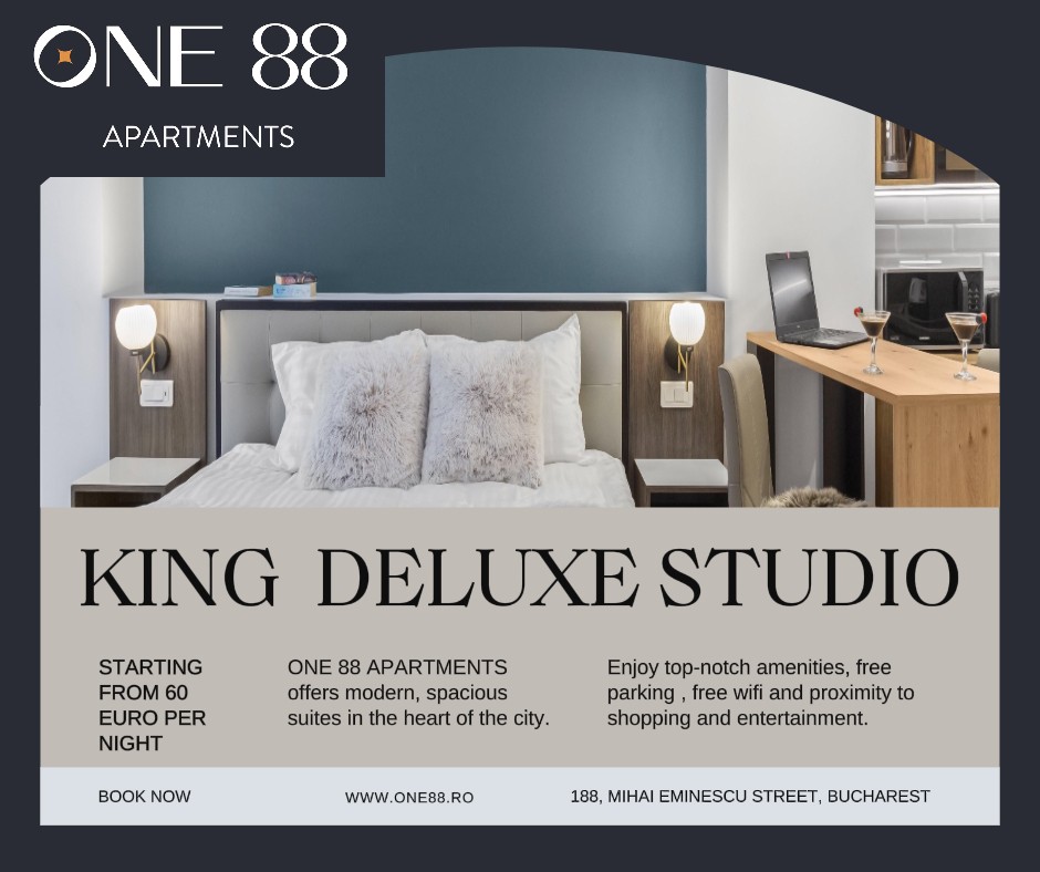 Experience absolute refinement at the King Deluxe Studio! A oasis of luxury and comfort awaits to make your stay memorable. Book now and enjoy top-notch facilities at a special price!

#One88 #One88Apartments #Bucharest #Romania #Travel #CityBreak #CityCentre #TheBestPrice #Mood