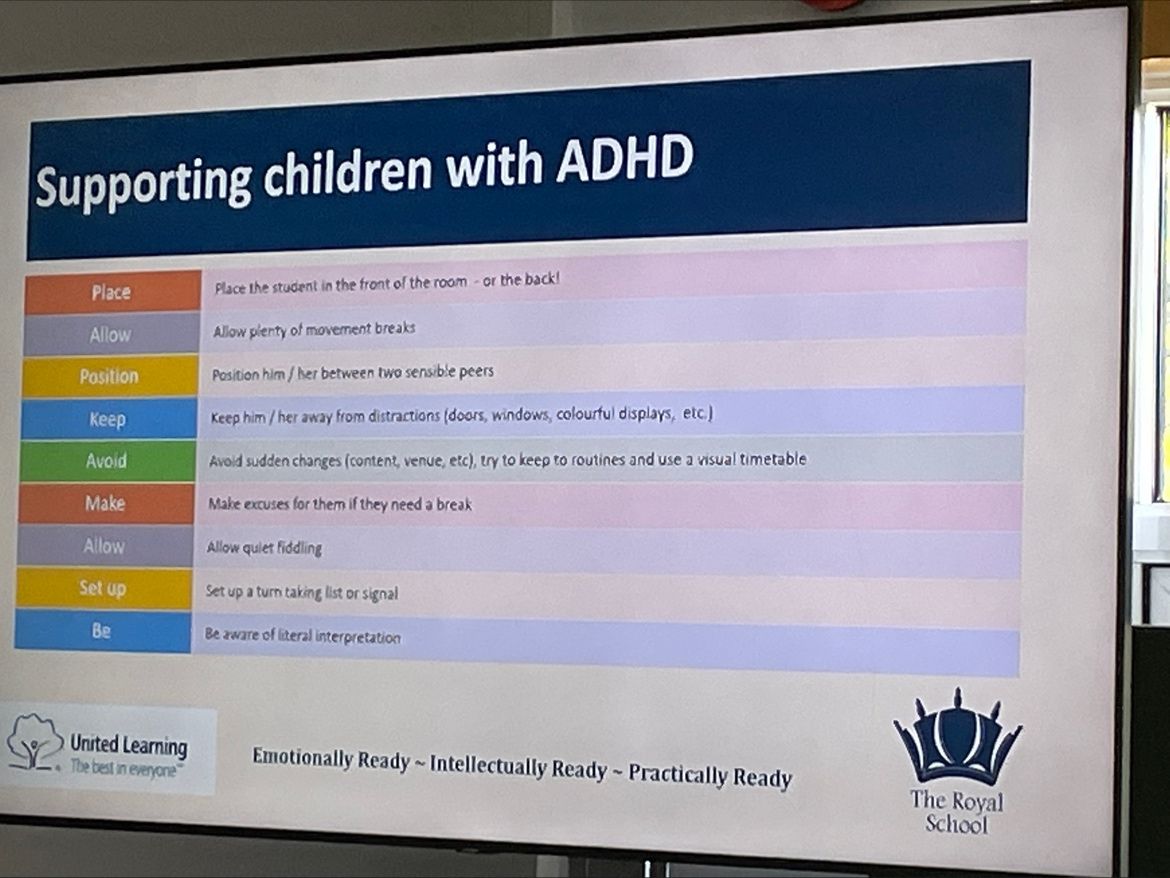 As part of our focus on excellence in the classroom, colleagues at @The_RoyalSchool enjoyed a superb INSET session delivered by our outstanding SENCO, Mr Leyshon. This week we considered support strategies in the classroom for pupils with ASD and ADHD. #TheBestInEveryone