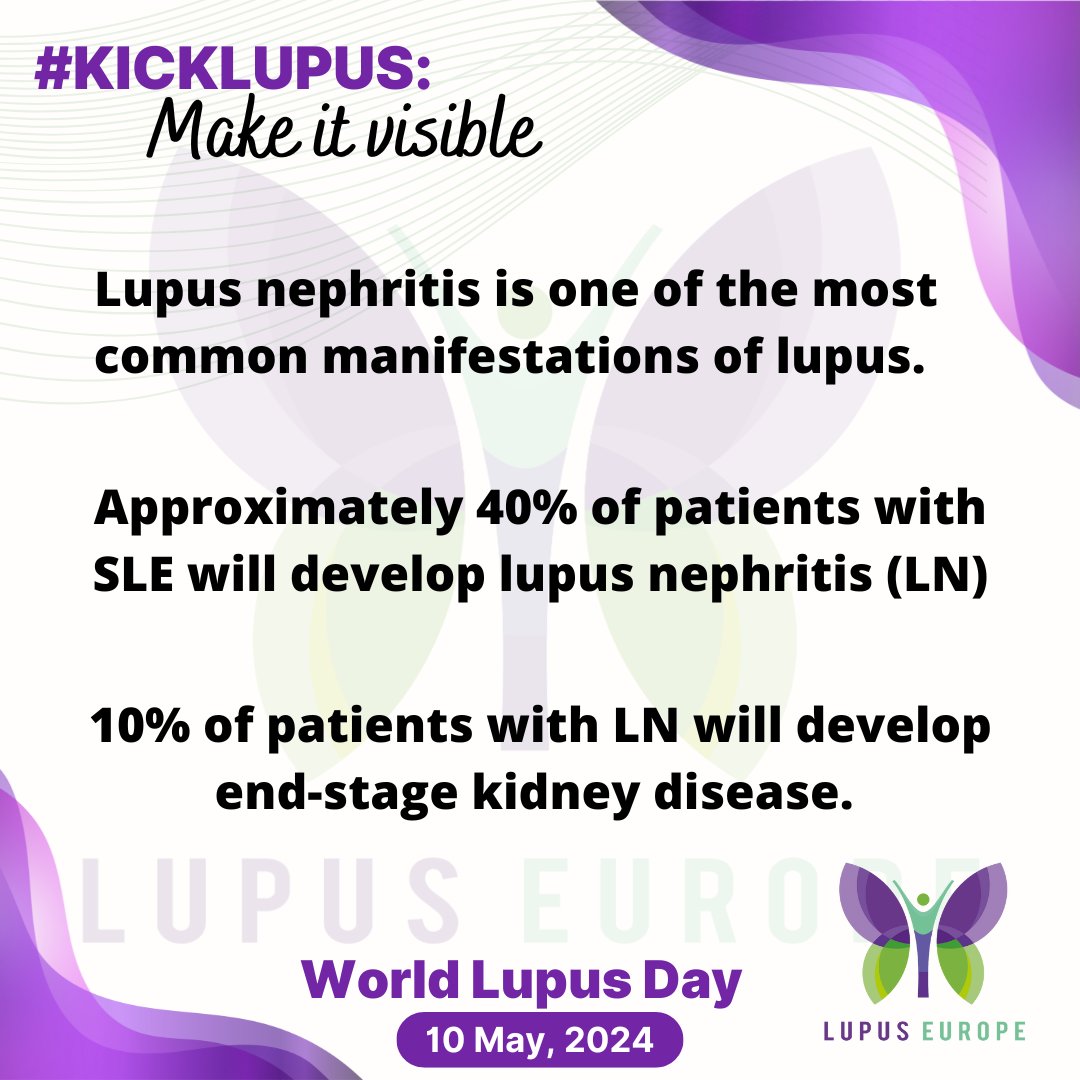 It is estimated that about 50% of #SLE patients will suffer from #lupus nephritis, one of SLE's 🔝dangerous & frequent complications. Routine checkups➕available treatments make it possible for 60–70% of patients to achieve complete or partial remission #WorldLupusDay #Lupus100