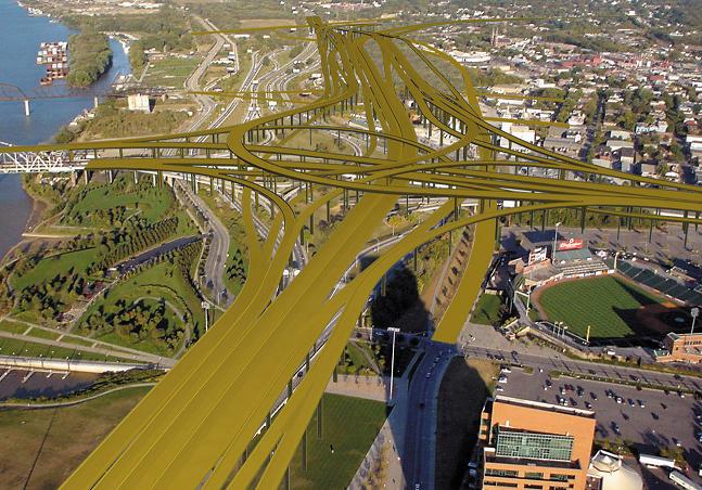 Louisville's Ohio River Bridges Project rendering. $2.5 Billion burying downtown in concrete and then people wonder why nobody lives downtown. And traffic actually declined. We should have removed I-64. #8664