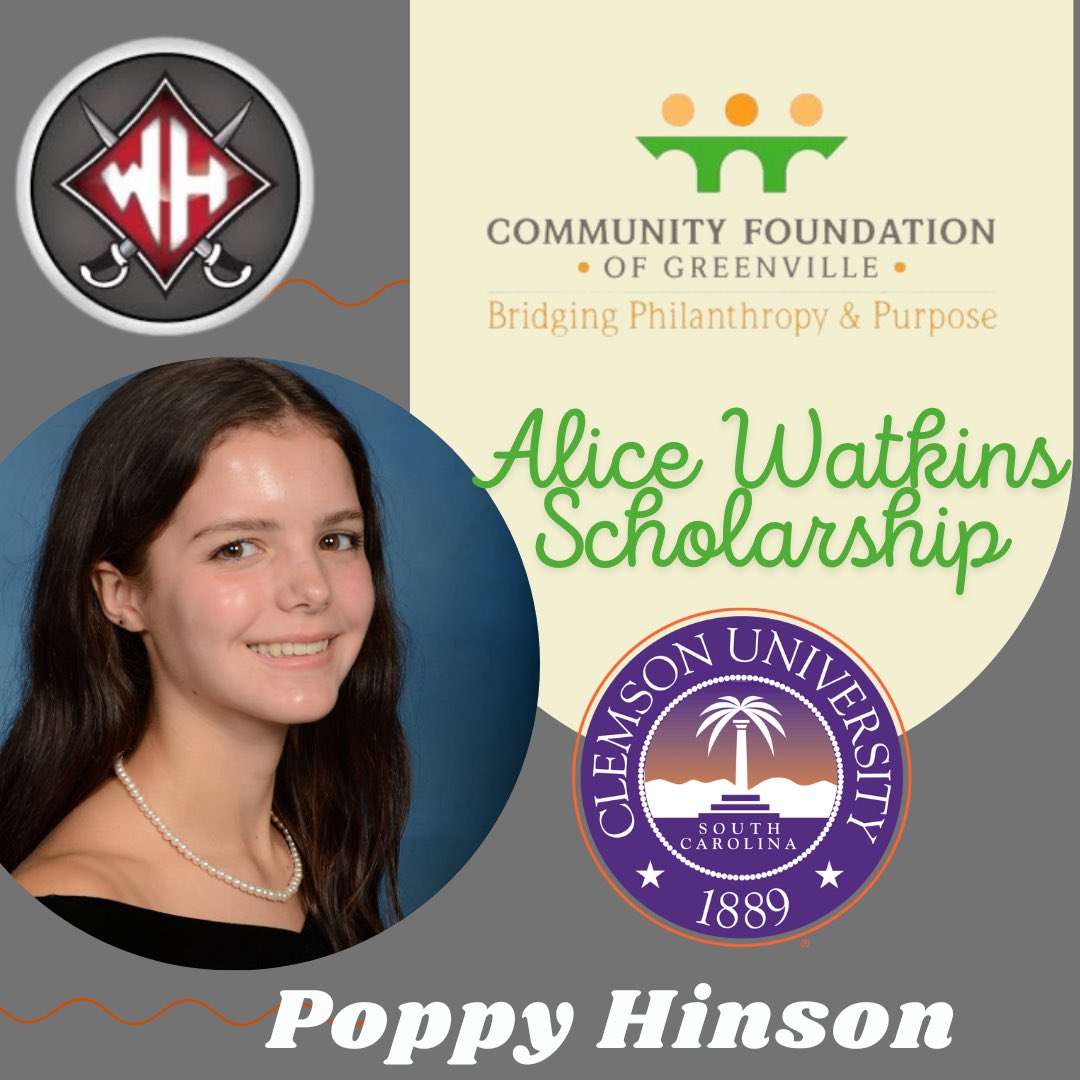 Congratulations to Poppy Hinson for being a 2024 Alice Watkins Scholarship recipient sponsored by @CFgreenville1. The award is $10,000 for higher education. She will be attending @ClemsonUniv in the Fall. #LeadingLikeGenerals #BridgingPhilanthropyAndPurpose