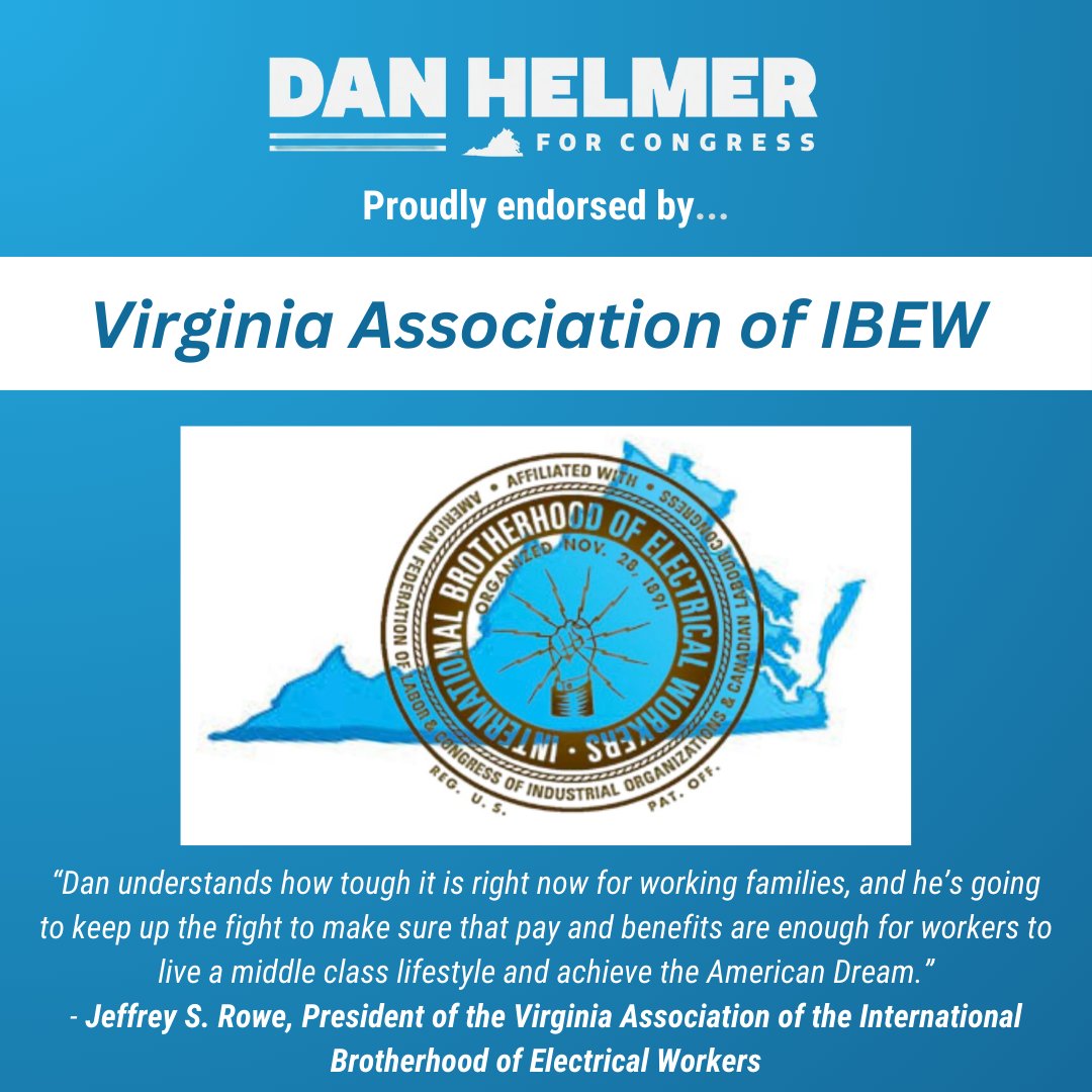 Excited to be endorsed by the Virginia Association of IBEW for our campaign to defend our democracy in #VA10. I've been proud to fight with IBEW in Richmond to ensure everyone has a path to the middle class, and I'm looking forward to doing the same for our country in Congress!