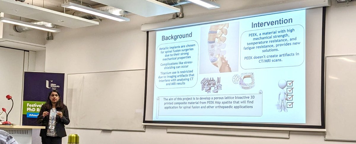 Delighted to be part of @UlsterUniPhD PhD festival where I got to present my research work on 3D printing of lattice structures with PEEK apatites for Orthopaedic Implants🦴🥼🧑‍🔬 Thanks to my supervisors @boyd_ar, @ward_joannae for all the help and guidance 🎉 #UlsterPhDFest