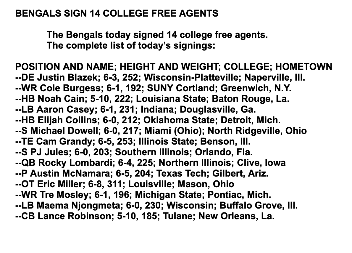 Bengals confirm the signing of 14 college free agents who were on hand with the 10 draft picks today at rookie camp. Erick All did not practice as he is still rehabbing from ACL reconstruction. Big day for All, the product of Fairfield High who says he's already talked to fellow…