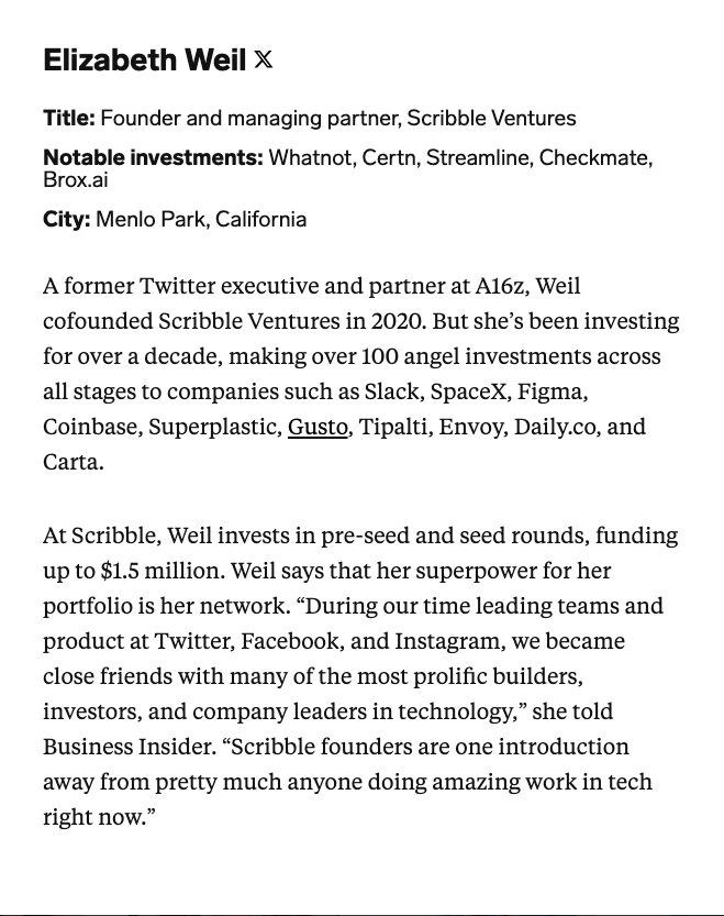 @ScribbleVC @BusinessInsider @elizabeth Cheers @elizabeth @ScribbleVC for being recognized on The Seed 40 — the best women early-stage investors of 2024. 👏👏👏 businessinsider.com/seed-40-best-w… via @terminaai @BusinessInsider