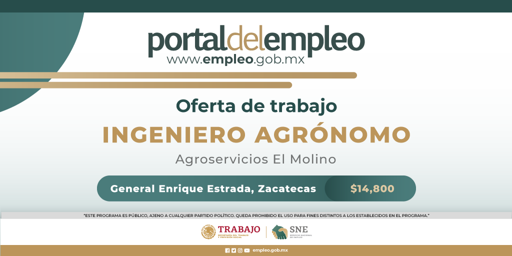 📢 #BolsaDeTrabajo 👤 Ingeniero agrónomo en Agroservicios El Molino. 📍Para trabajar en #Zacatecas. 💰14,800.00. Detalles y postulación en: 🔗 goo.su/HjkTTLO 📨 administracion@elmolinodelahacienda.com.mx #Trabajo #Empleo #SNE #PortalDelEmpleo