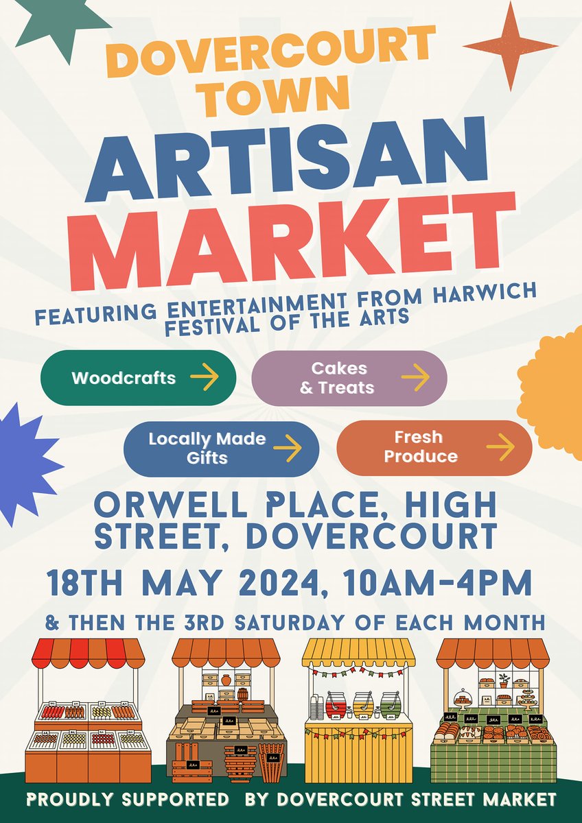 This Saturday we'll be at the brand new Artisan Market at Orwell Place, Dovercourt Town Centre.

Come along for great stalls and live entertainment.

#community #harwich #art