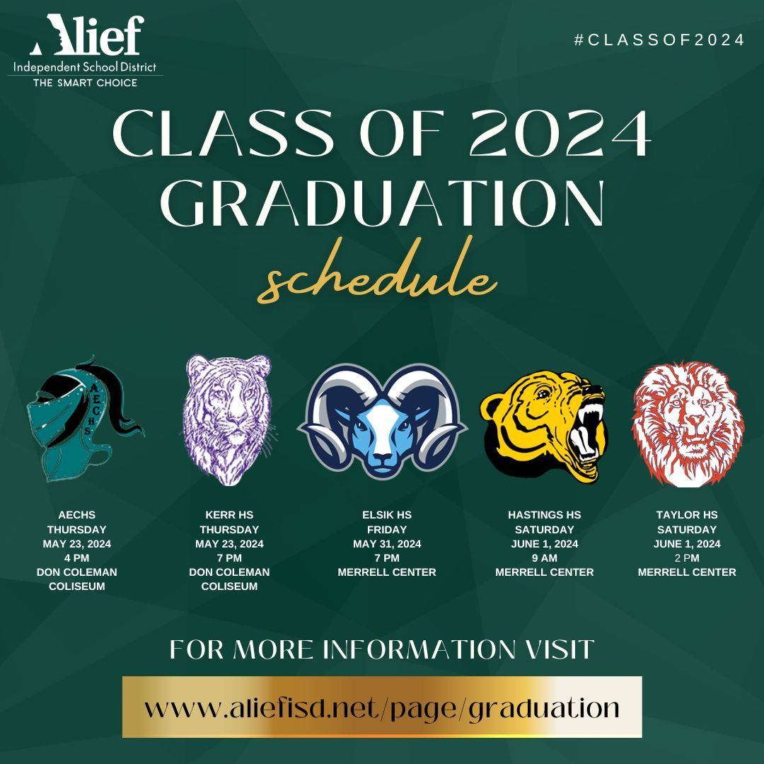 Alief ISD looks forward to celebrating our #Classof2024 Graduates! Visit aliefisd.net/page/graduation for information on dates, times, FAQs, and links to each campus graduation livestream.