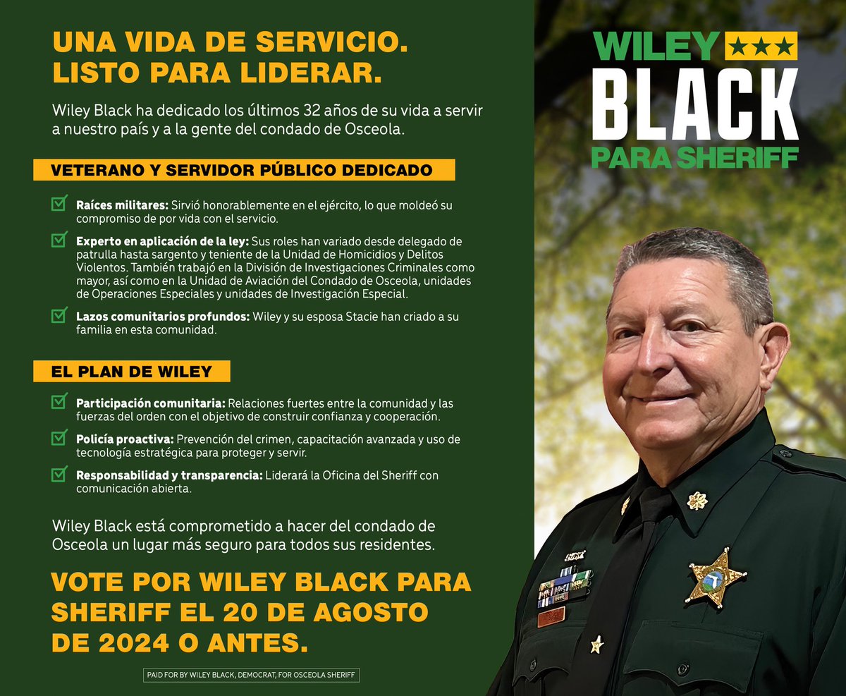 Vote por  Wiley Black para Sheriff el 20 de agosto de 2024 o antes.
🗳️
El Osceola Star Newspaper invita a todos los candidatos a participar en nuestra guía de candidatos que saldrá el próximo 26 de julio

¡De a conocer a la comunidad su candidatura!