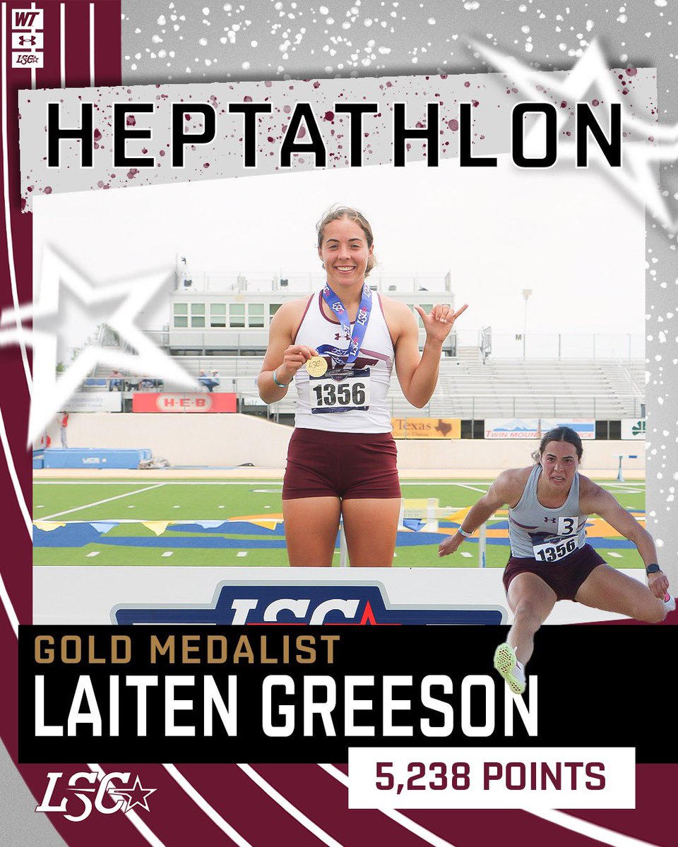 In her final collegiate outdoor season, @rgreeson17 takes home her first heptathlon LSC Championship 🥇 and sets the second highest points in heptathlon in WT history! 

🔥hep- 5,238
(Greeson has the No. 1 & No. 2 spots on WT Top-10)

#BuffNation #lscotf #champion