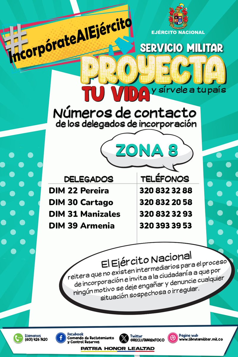 #IncorpórateAlEjército l Si estás en #Pereira, #Cartago, #Manizales o #Armenia, tienes entre 18 y hasta faltando un día para cumplir los 24 años de edad y quieres prestar tu servicio militar en el Ejército llámanos 📲📷.