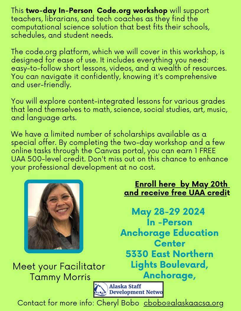 Happy Teacher Appreciation Week! So proud to stand among such dedicated CS educators. Let's learn to integrate computer science and get no-cost credit May 28-29 in Anchorage AK. Thanks sponsors! @TeachCode @ACSAASDN @AlaskaCSTA @AlaskaDEED @AlaskaAir @ASTEConnect @GCIAK