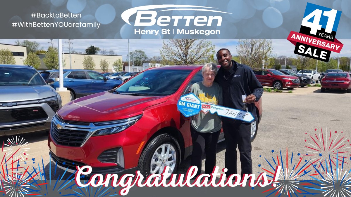 🥳🥳Congrats to Janice Abbott on your 2024 #Chevrolet # #Equinox!  Thank you for trusting Brock Williams & the #BettenMuskegon #team.  #Enjoy your SUV! #TogetherLetsDrive #toosmoove #bestbuyfromBrock #withBettenYOUarefamily #BacktoBetten #BettenCelebrating41yearsservingYOU