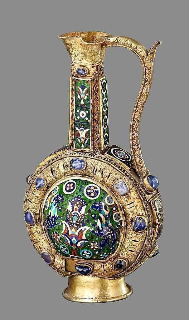 Woe is me,for the love of adultery surrounded me with darkness: A lightless night of sin Accept the springs of my tears As you who disperse the waters of the sea From the clouds -Kassia,9th Byzantine Cloisonné Enameled Jug Gift to Charlemagne(742-814)by H. Rashid,Abbasid Caliph