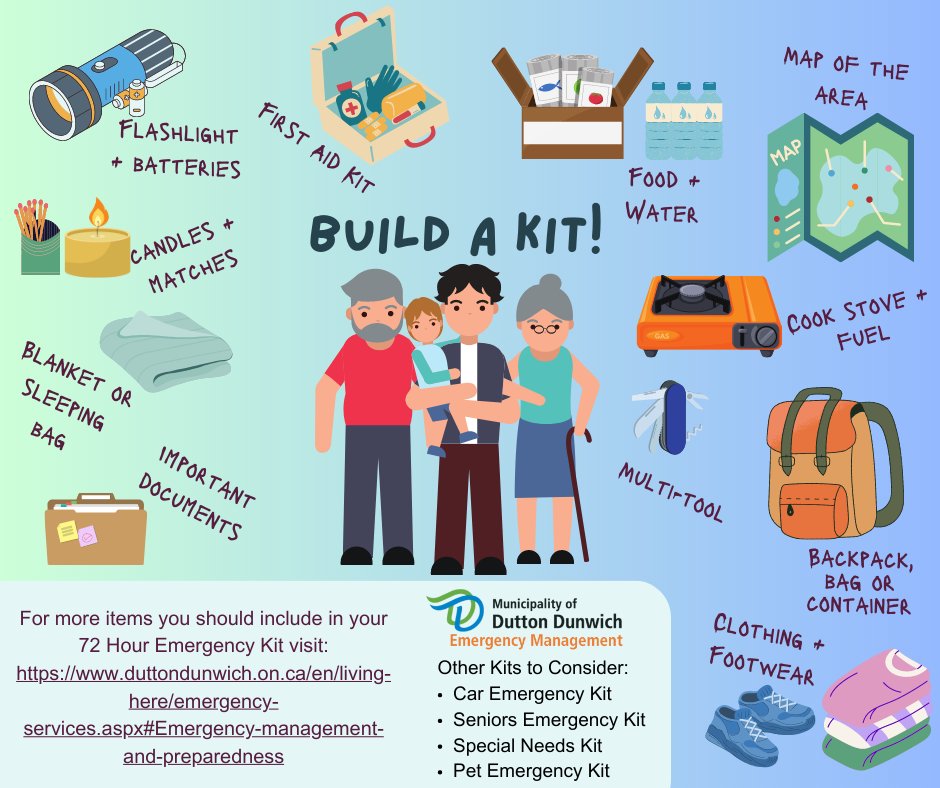 Emergencies can happen at any time. You should be prepared to take care of yourself and your family for up to 3 days (72 hours). This allows emergency workers to focus on vulnerable persons.
#duttondunwich #EPWeek2024 #buildakit