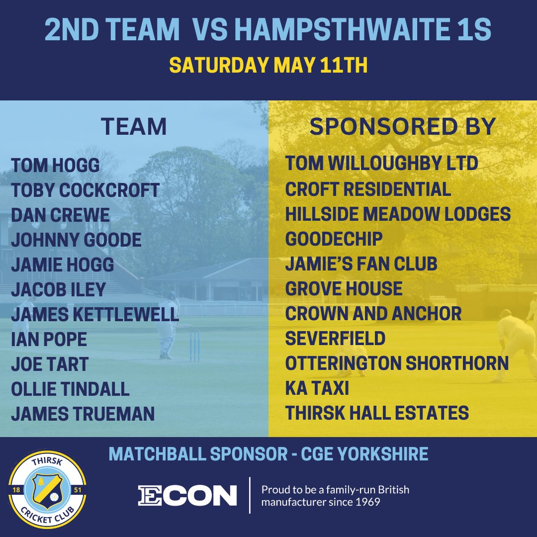 Our 2s for tomorrow’s games against Hampsthwaite! Hopefully the sun will be shining! Thank you to our matchball sponsor CGE Yorkshire #wearethirsk #thirskcc #yorkshirecricket #cricket