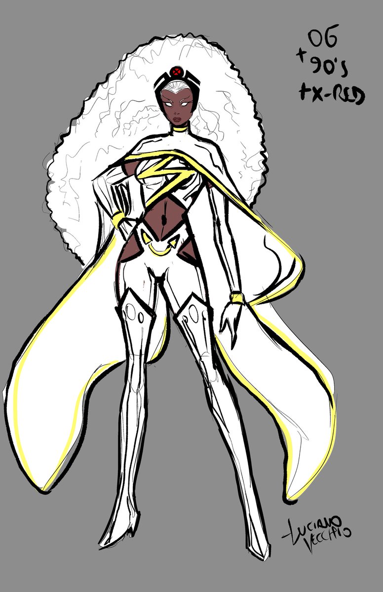 Trying a Storm idea really quick, combining elements from the original costume, 90’s and X-Men Red.