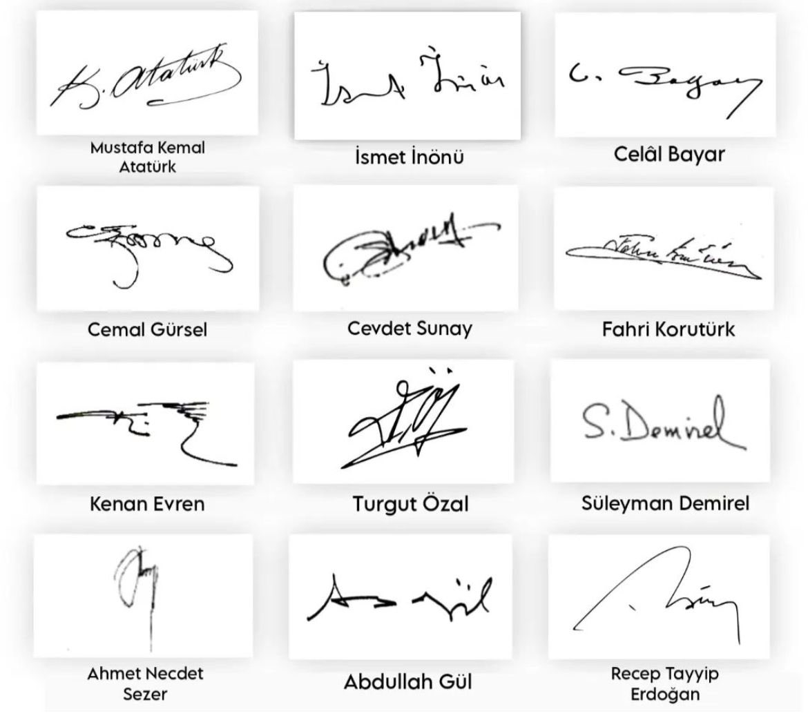 Cumhurbaşkanlarının imzaları. Atatürk her alanda olduğu gibi burada da kalitesini gösteriyor.