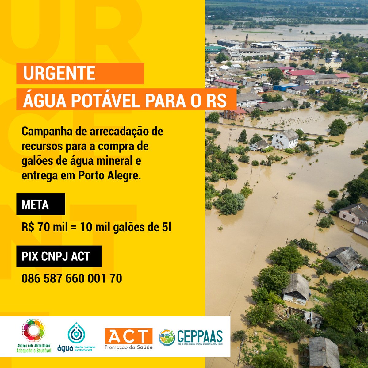 Urgente: campanha do GT Água da Aliança pela Alimentação Adequada e Saudável para compra e entrega de água potável no RS.
A meta é arrecadar R$70 mil reais para a compra de 10 mil galões de água de 5 litros. 
Toda e qualquer ajuda fará diferença. Faça sua doação agora!