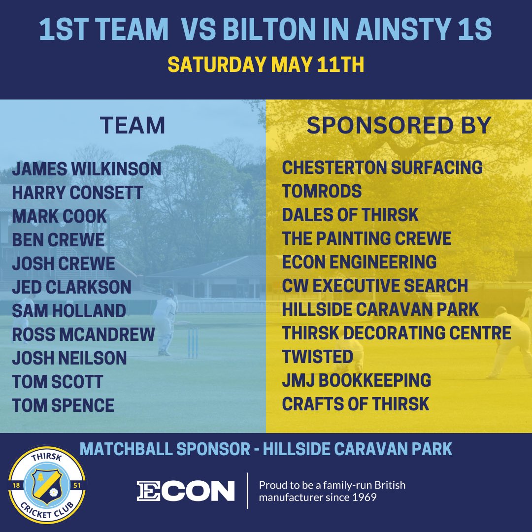 Team sheet is out for our 1s matchup against Bilton tomorrow! Thank you to our matchball sponsor @HillsideCaravan #wearethirsk #thirskcc #yorkshirecricket #cricket