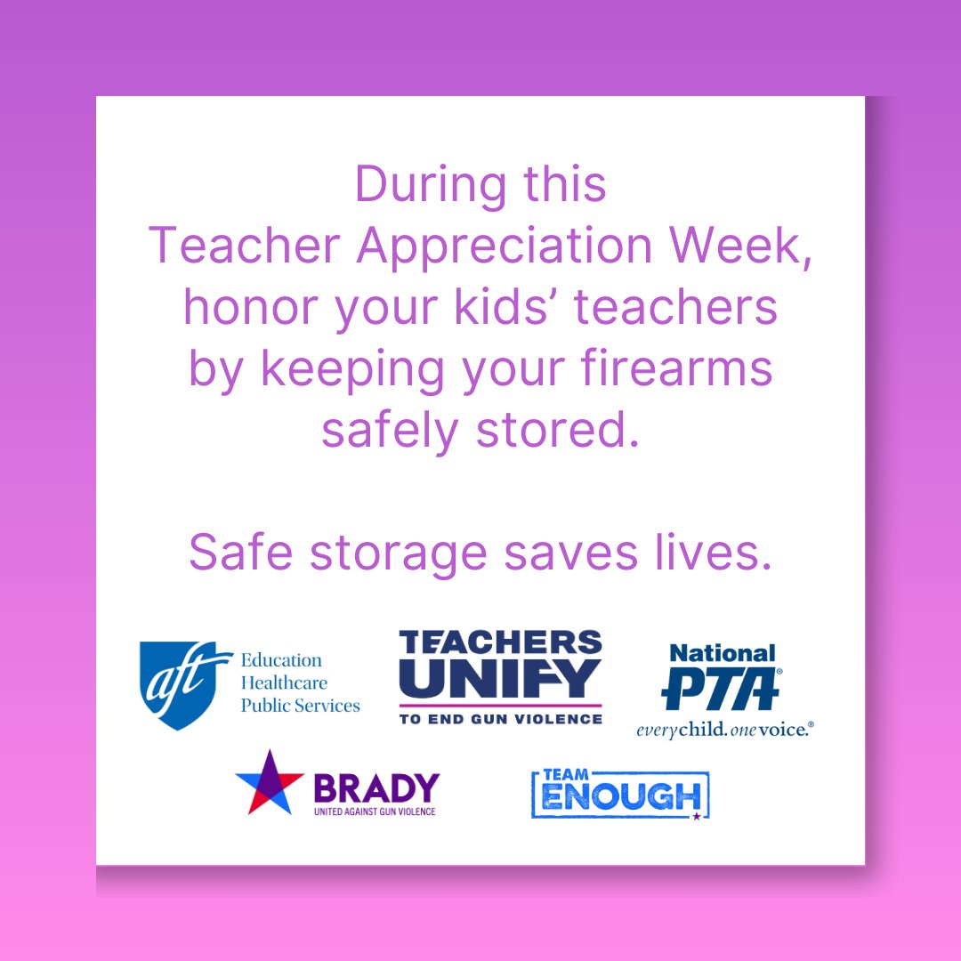 76% of school shootings are facilitated by access to unsecured guns at home. This #TeacherAppreciationWeek, we're joining @AFTunion, @NationalPTA & @TeachersUnify in showing our thanks to teachers by safely storing all firearms & calling on others to do the same. #EndFamilyFire