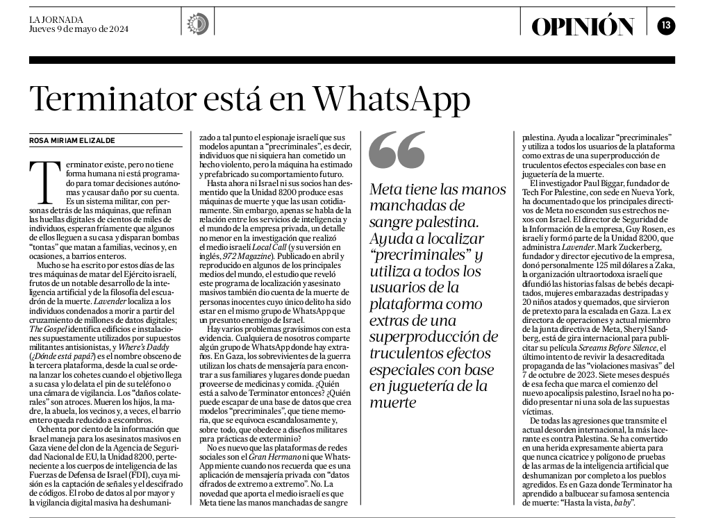 Palestina se ha convertido en una herida expresamente abierta para que nunca cicatrice y polígono de pruebas de las armas de la inteligencia artificial que deshumanizan por completo a los pueblos agredidos.

@rm_elizalde en @lajornadaonline 

#FreePalestine
#CiénagaEnVictoria