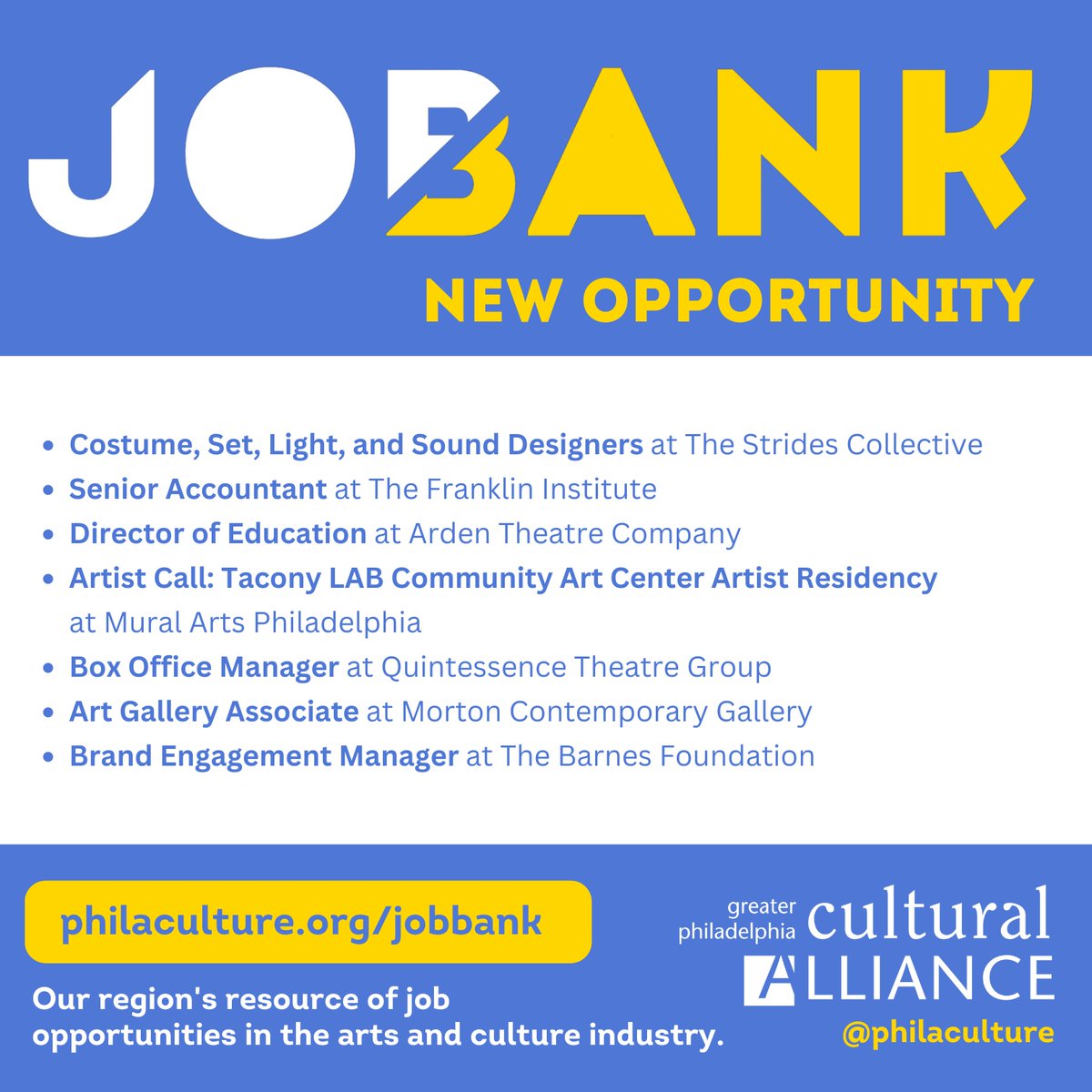 From set designing to box office management, the Job Bank has so many fun opportunities this week! Check out jobs from organizations like The Strides Collective, @TheFranklin, @ArdenTheatreCo, @muralarts, @QuintessencePHL, @MortonContemPHL, @the_barnes at philaculture.org/jobbank