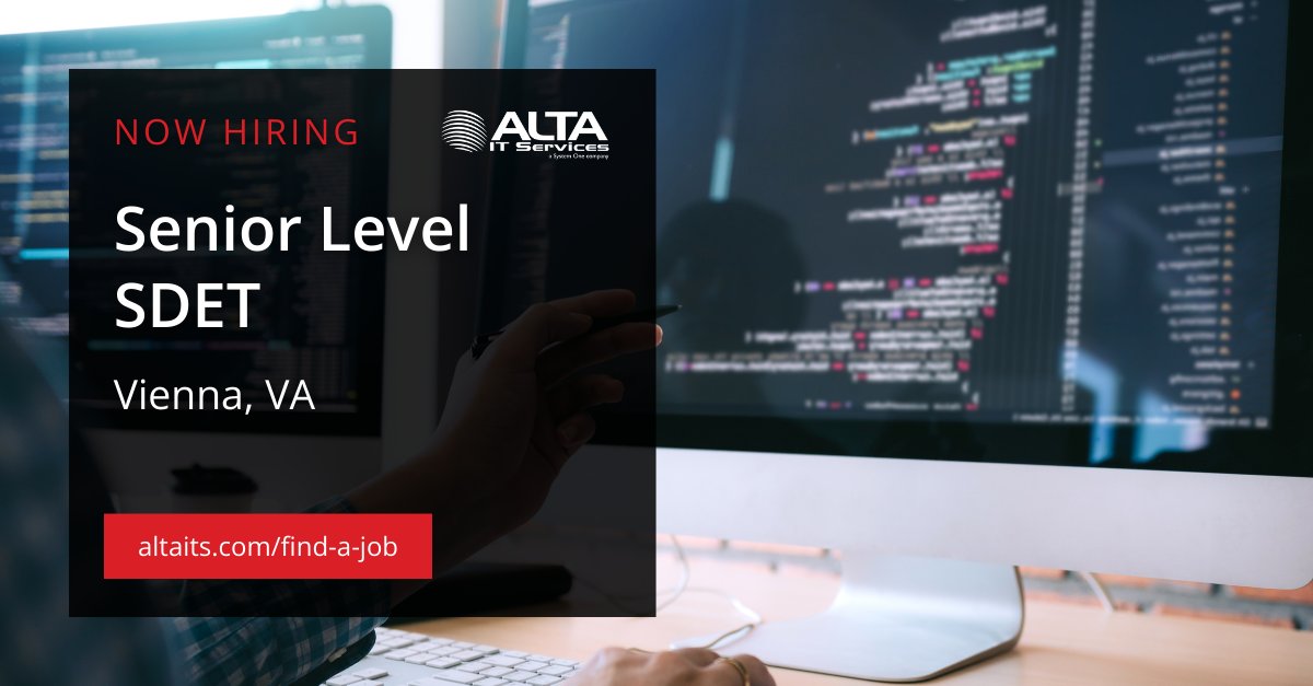 ALTA IT Services is #hiring a Senior Level SDET for work in Vienna, VA.
Learn more and apply today: ow.ly/s32p50RC9Ig
#ALTAIT #JobOpening #ViennaVA #SeniorSDET #SoftwareDevelopment #MobileApps #TestAutomation #Selenium #SQL #CloudTesting #Perfecto #TechJobs